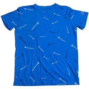 Champion All Over Logo Print T Shirt Kid's Size XL Blue Authentic Athleticwear